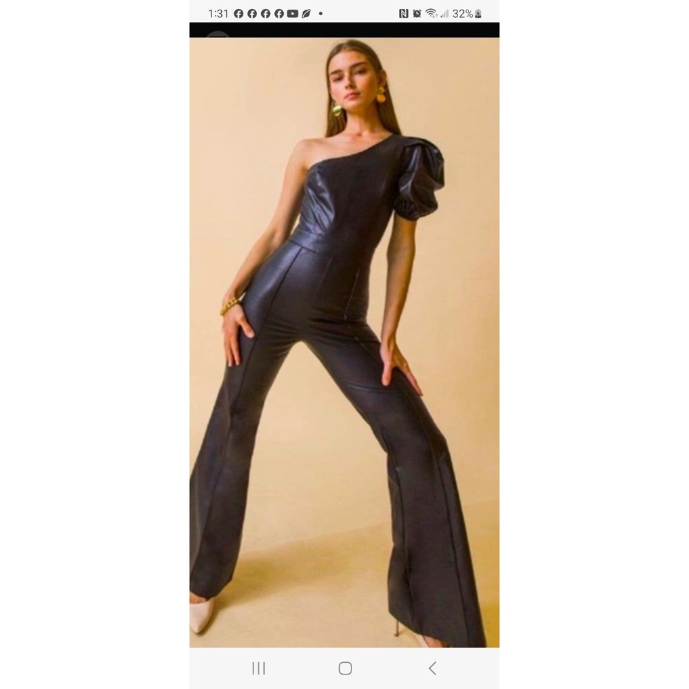 Flying Tomato‎ Women's Faux Leather Flare Jumpsuit Black Size M